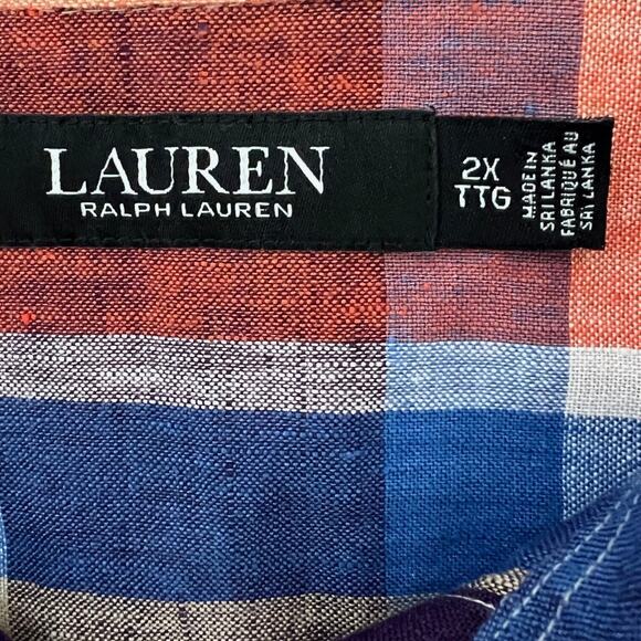 Lauren Ralph Lauren 100% Linen Blouse 2X Orange Blue Plaid Long Sleeve Button Up - Picture 4 of 6